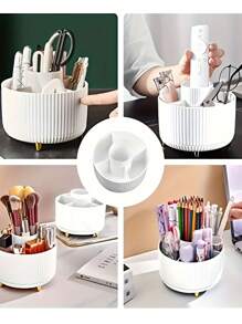 1pc 360° Rotating Cosmetic Storage Box - 1 Piece Plastic Makeup Organizer With 5 Compartments, Suitable For Brushes, Lipsticks, Skin Care Products And Stationery - Odorless Desktop Storage Box, Luxury Striped Design Home Bathroom Decor Bathroom Accessories Bathroom Organizer Summer Back To School