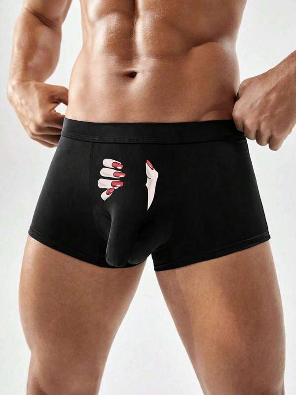 Men's Black Cute Eye Graphic With Elephant Nose Pouch Underwear, Comfortable Breathable Stretchy Boxer Brief