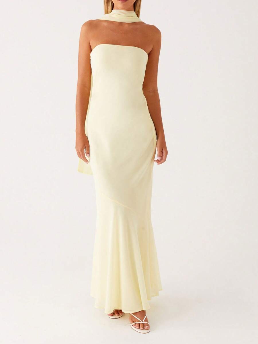 Women Y2k Floral Strapless Maxi Dress Boho Off Shoulder Sleeveless Bodycon Long Dress Summer Backless Tulle Tube Dress With Scarf - Màu vàng - Xem 1