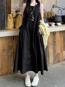 简约无袖休闲连衣裙 宽松黑色连衣裙 女士百搭通勤长裙 优雅夏季 - 黑色 - 查看 2
