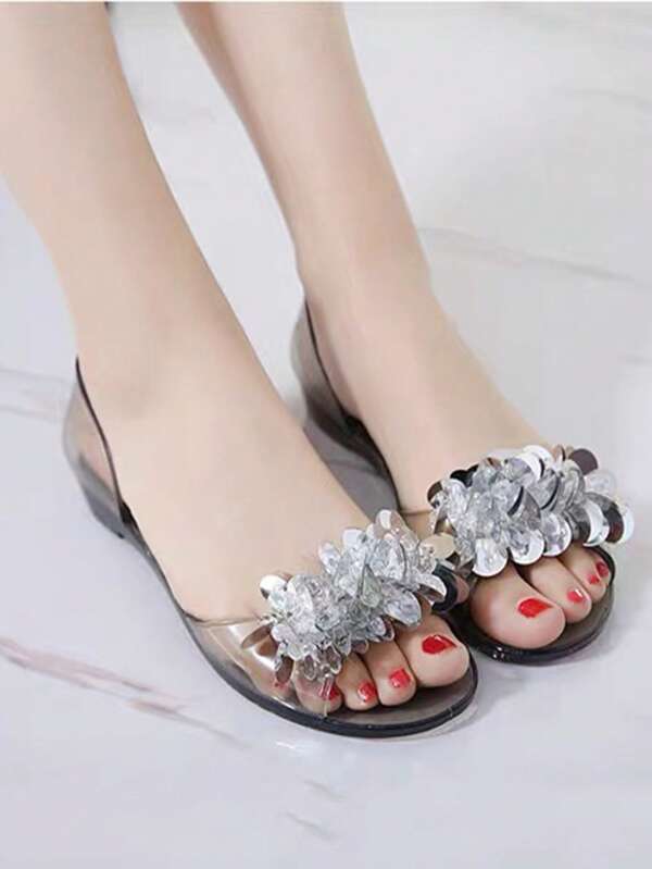 Women's Fashion Shiny Sequin Jelly Flat Sandals, PVC Material Peep Toe Transparent Flat Shoes Suitable For Party, Beach, Outdoor