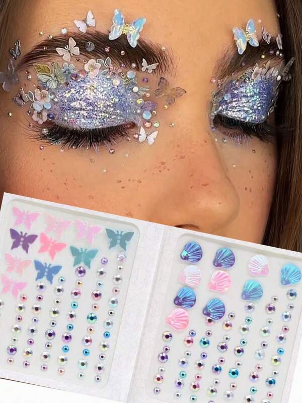 73pcs Face Gems, Butterfly Face Eye Stickers, Body Sticker, Halloween Moon Pearls Face Makeup Stickers, Rhinestone Tattoos For Women, Girls