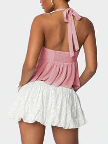 Women Sequin Beaded Mesh Patchwork Halter Top Y2K Sparkly Sleeveless Deep Low Cut Split Sheer Cami Tank Tops Glitter Rhinestone Backless Camisole Crop Tops Summer Slim Fit Vests Shirts Going Out Tops Club Party Beach Streetwear - 粉色 - 查看 2