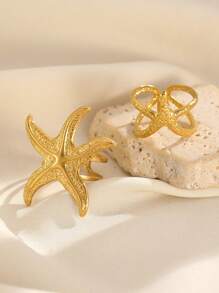 2pcs/Set Personalized Starfish & Shell 18k Gold Plated Stainless Steel Rings, Fashion Jewelry For Women Beach Resort Decoration, Gift