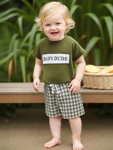 Baby Boy Shorts Set Letter Patch Embroidered Short Sleeve T-Shirts Plaid Elastic Waist Shorts 2 Piece Outfit - 綠色 - 查看 1