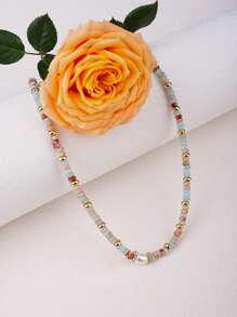 1pc Retro Natural Stone Necklace With Colorful Beads For Women, Vintage And Minimalist Light Blue Collarbone Chain Suitable For Daily Wear With Luxurious, Niche & High-End Feel
