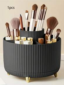 1pc 360° Rotating Cosmetic Storage Box - 1 Piece Plastic Makeup Organizer With 5 Compartments, Suitable For Brushes, Lipsticks, Skin Care Products And Stationery - Odorless Desktop Storage Box, Luxury Striped Design Home Bathroom Decor Bathroom Accessories Bathroom Organizer Summer Back To School
