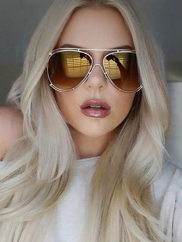 1pc Women's Vintage Round Hollow Out Pilot Glasses Alloy Metal Frame Flat Top Classic Aviation Shades Double Bridges Mirror Lens Sunnies For Rave Party Festival Accessories