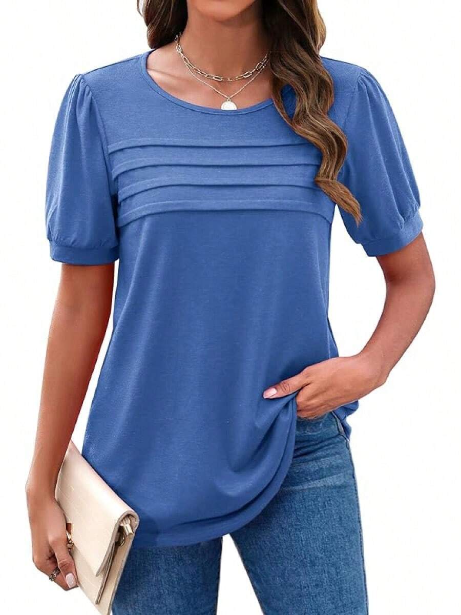 Womens Short Sleeve Tops Floral Boho Shirts Pleated Crewneck Summer Outfit Puff Sleeve Blouses Casual Tunic - 藍色 - 查看 1