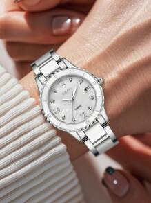 BIDEN 1 peça pequeno relógio redondo retrô luxuoso feminino, elegante relógio de quartzo com pulseira, design clássico relógio feminino com data