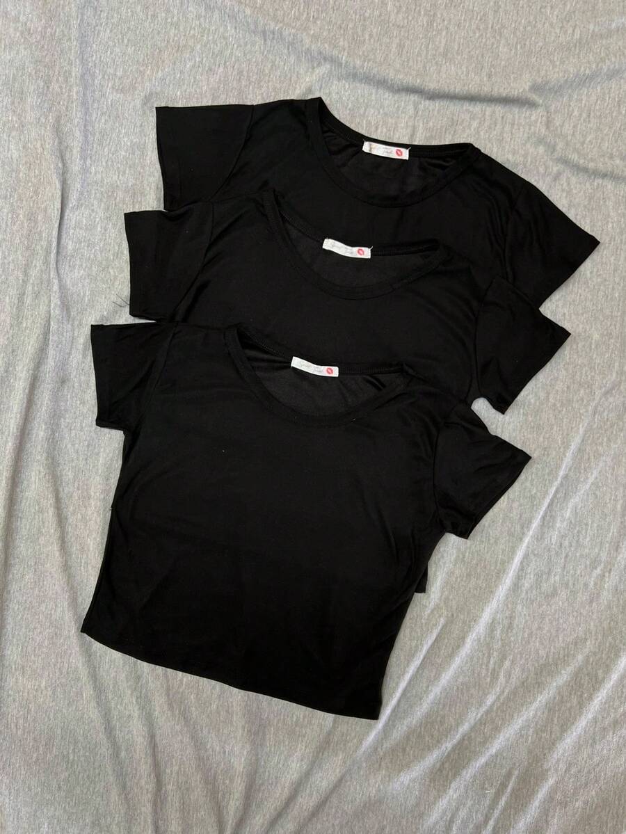 3 piezas de Playera de mujer, top de dama, camiseta de mujer, ombliguera, comoda, suave, uso diario, sexy, ombliguera, durable, casual, crop top de mujer - Negro - Ver 1