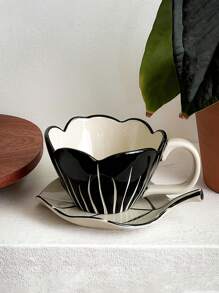 1pc Embossed Tulip Design Ceramic Cup & Saucer Set, Creative, Personalized, Coffee/Latte Cup Set, French Retro Style, High-End Delicate Gift For Women, Mother's Day Present Back To School
