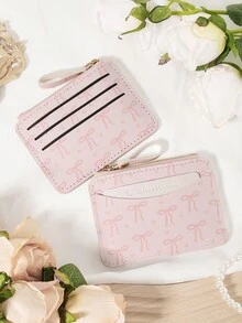 Cartera pequeña con cremallera, estilo minimalista, patrón de lazo rosa con bolsillo para monedas, billetera femenina delgada y ligera, de varios compartimentos, para tarjetas de identificación, dinero y tarjetas de crédito, regalo de aniversario, cumpleaños, para niñas, mujeres y damas, útil para útiles escolares, dormitorio y regreso a clases - Rosa - Ver 3