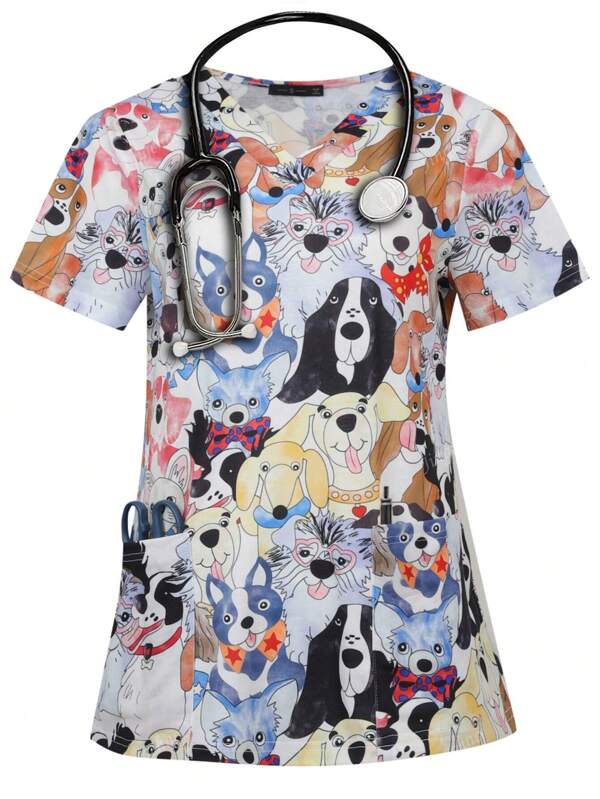 Women's Spring & Summer Cartoon Dogs V-Neck Scrub Short Sleeve Nurse Uniform Tops With Pockets For Women