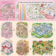 Set da 12 fogli di adesivi per miniature, include adesivi 3D per casette in miniatura fai-da-te, adesivi per animali domestici, 6 fogli di biglietti con scene, e 2 fogli di immagini di riferimento, ideale per scrapbooking, forniture scolastiche, back to school