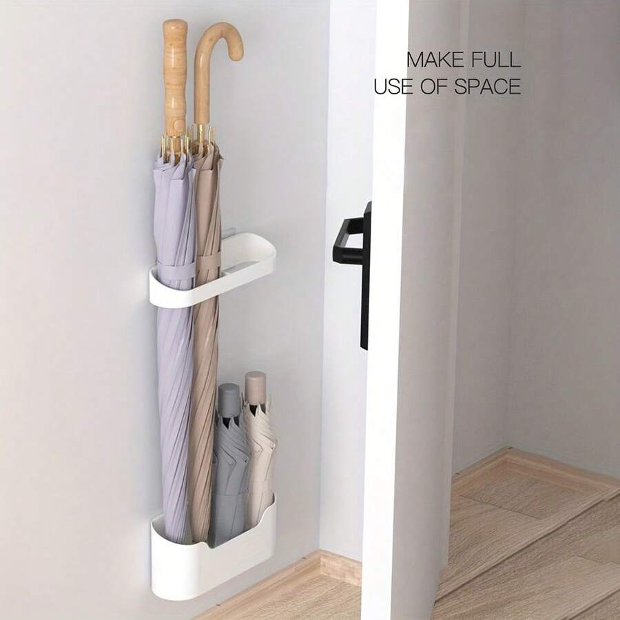 2pcs/Set: No Drill Wall Mounted Umbrella Holder With Drip Tray - Modern Foldable Umbrella Storage Rack - Umbrella Box - View 1