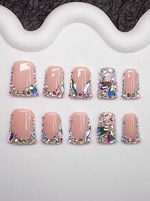 Spring/Summer Handmade Duck-Mouth-Shaped French Manicure Stiletto Nails With Crystal Decor, Y2K Style, Nude Color, 10pcs/Set, 3 Size Options, Suitable For Parties, Ceremonies, Daily Wear, Comes With Tools, Great Gift For Women & Girls