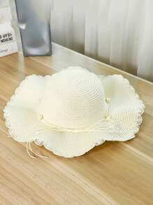 Sombrero de paja con ala ondulada, sombrero de sol de verano de moda con lazo decorativo, ala ancha para playa y vacaciones, para mujer