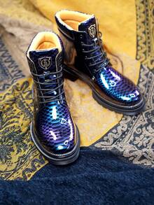 Mioeert Men's Vintage-Inspired Snakeskin Pattern Ankle Boots - Colorful, Fashionable Lace-Up Shoes With Rubber Sole Boots For Men - Royal Blue - View 2