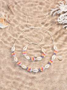 Conjunto de 2 peças de pulseira e colar de argila macia com conchas e flores, estilo boêmio, com estampa de rosa, margarida, estrela, leopardo e arco-íris, joias de praia estilo oceano