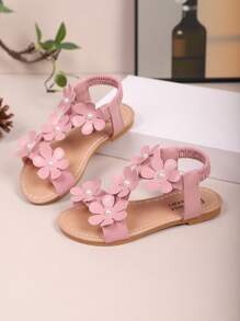 Sandalias con decoración de flores para niños mayores, zapatos de princesa para niñas, zapatos planos informales de playa con correa elástica para estudiantes de primaria, estampado floral de moda, de verano