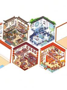 3pcs/Pack Market Food Theme Scene Stickers, 3D Three-Dimensional Two-Layer Scene Stickers, Restaurants, Inns, Academies, Bun Shops And Animal Elements DIY Creative Waterproof PET Scene Stickers , Back To School Gifts - Multicolor - View 3