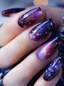 24 Pcs Press On Nails Ballet Fake Nails With Space Themed Design Moon Star With Diamond Acrylic False Nails Glitter Full Cover Stick On Nails For Women And Girls