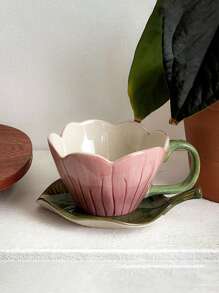 1pc Embossed Tulip Design Ceramic Cup & Saucer Set, Creative, Personalized, Coffee/Latte Cup Set, French Retro Style, High-End Delicate Gift For Women, Mother's Day Present Back To School