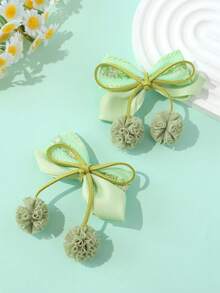 2pcs Girls' Cute Embroidered Pom Pom Double Bow Hair Clips, Suitable For Daily Matching - Bow Hairpin - View 12