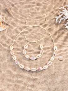 Conjunto de 2 peças de pulseira e colar de argila macia com conchas e flores, estilo boêmio, com estampa de rosa, margarida, estrela, leopardo e arco-íris, joias de praia estilo oceano