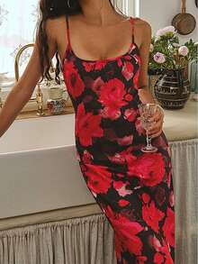 女士优雅红色印花吊带连衣裙，长款无袖梭织面料，露背设计，大腿开衩，铅笔裙摆 - 黑色 - 查看 2
