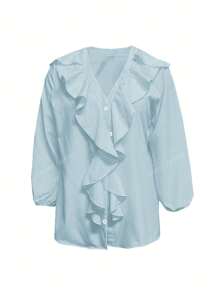 Casual Ruffle Trim V-Neck Long Sleeve Blouse