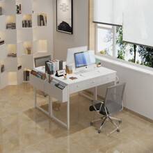 Lufeiya Small White Computer Desk With Fabric Drawers For Home Office Bedroom, 40 Inch Vanity Desk With Drawer Storage And Side Pouch, Study Writing Table, White