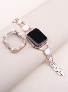 Ensemble combo de bracelet et de coque, bracelet métallique scintillant en strass avec ornement en forme de cœur pour femmes, coque de protection en PC avec strass, compatible avec Série Ultra/10/9/8/7/6/5/4/3/SE, 49/46/45/44/42/41/40/38mm