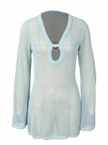 Combinaison cache-maillot à manches longues en tricot et crochet pour femme, robe de plage ajourée pour maillot de bain