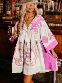 Vestito casual con stampa floreale boho, abbigliamento occidentale da donna, abito da festival musicale bohémien per vacanze estive e spiaggia, dolce abito stile babydoll; Abito aderente a maniche a pipistrello, scollo a V profondo, con stampa, per festa e club, abbigliamento da concerto