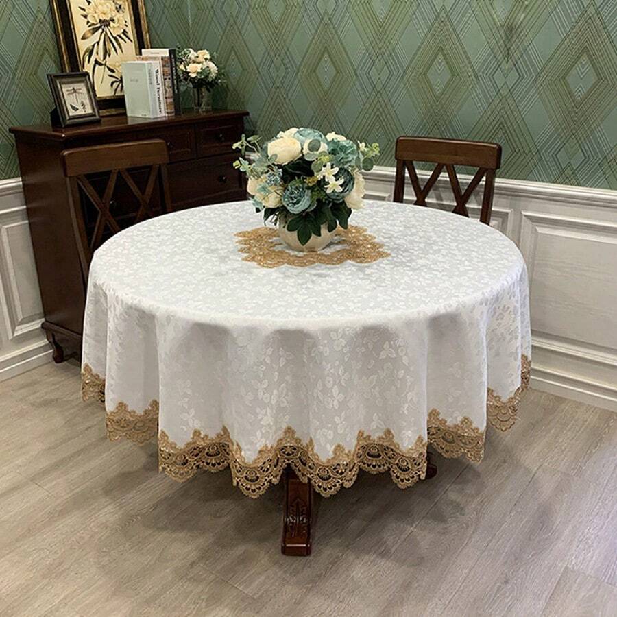 Round Lace Tablecloth, Dining Table Cover, Circular Kitchen Tablecloth For Restaurant, Spring, Summer, Holiday, Outdoor, Farmhouse, Rustic Banquet, Party, Birthday, Picnic, Thanksgiving, Christmas, Easter - 金色 - 查看 1