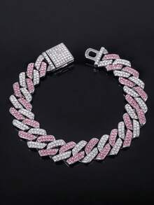 1pc Fashionable Silver Metal Bracelet With Pink Rhinestones, Unisex Jewelry - Multicolor - View 1