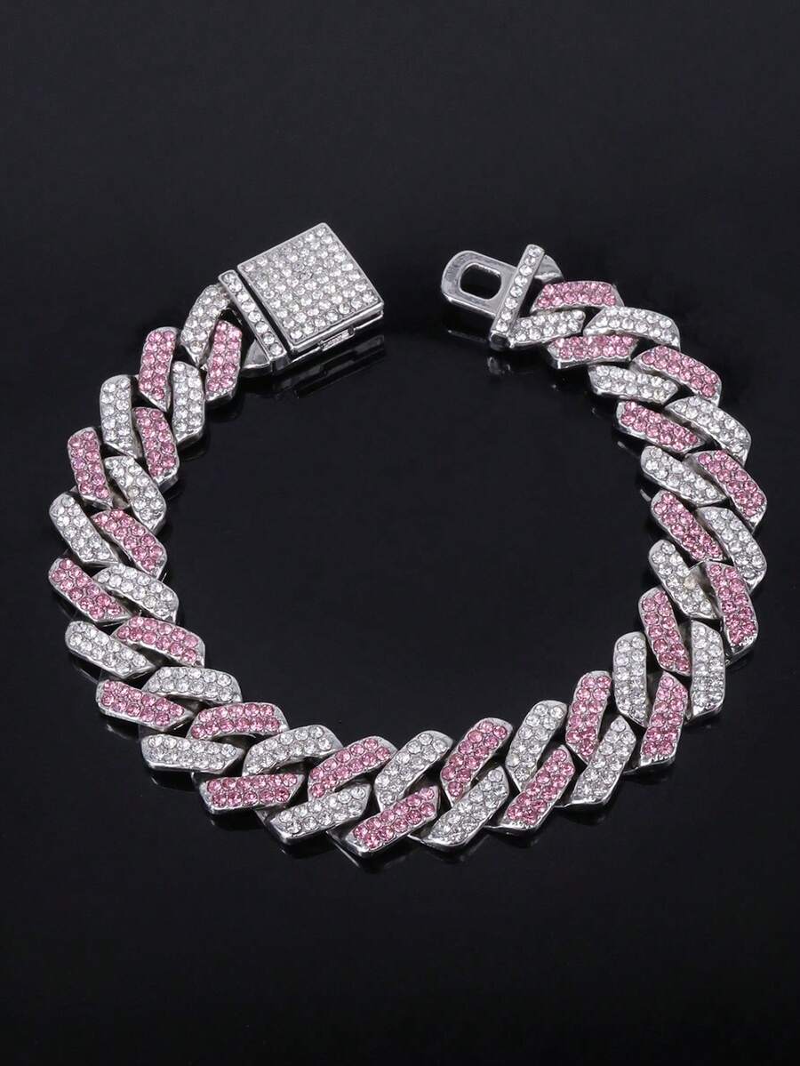 1pc Fashionable Silver Metal Bracelet With Pink Rhinestones, Unisex Jewelry - Multicolor - View 1