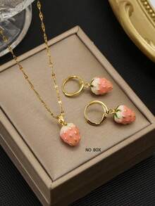 3 Pcs /Set Pink Strawberry Stainless Steel Elegant Delicate Women Necklace & Earrings Set - Strawberry Set - View 6