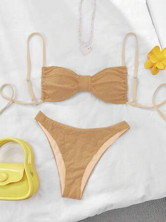 2 Pcs Women 2025 Beach Outfit, Jacquard Fabric Spaghetti Strap Bikini Set Top And Standard Triangle Bottom Bikini Set, Summer