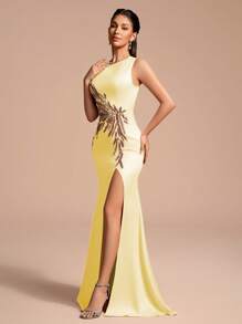 Elegant Long Slit Sequin Floral Party Dress, Prom Dress