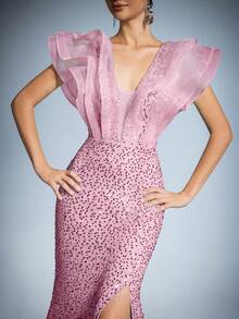 Faeriesty Women Elegant Women's Elegant Ruffle Collar Maxi Evening Dress - Slit Fishtail Hem, Shiny Sparkly Sequin Fabric, Fitted Silhouette | Perfect For Formal Dinners And Weddings | Pair With Eye-Catching Jewelry And Stiletto Heels,Summer Holiday Outfits - Pink - View 6