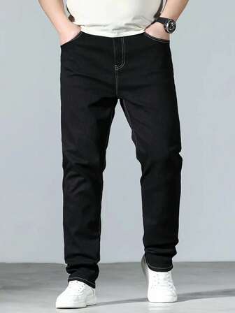 1pc Regular Fit Men's Casual Straight Leg Black Jeans, Comfortable For Street Style, Urban Walking And Outdoor Activities