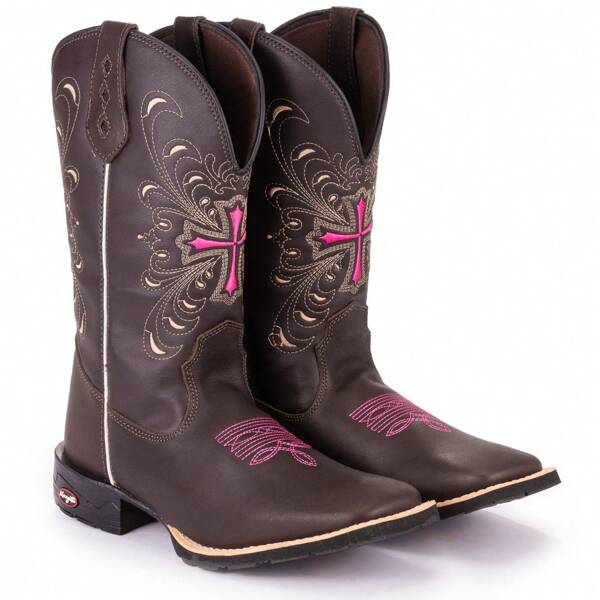 Bota Texana Feminina Cruz Rosa Bico Quadrado Country Rodeio bota marrom confortável elegante bota western