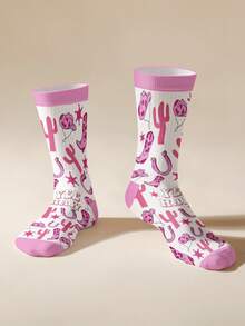 1 Pair Pink Cowboy Boots Pattern Socks - Cute Pink Cowboy Boots And Desert Pattern Design, Full Of Western Style. 360 Digital Printing Mid-Calf Socks With Random Printing, Fashionable, Scandinavian Style, Casual & Comfortable, Everyday Casual Wear, Romantic, Simplicity, Cute, Elegant, Mature Charm, Commuter Casual Everyday Wear, Funny Fabric Closure Underwear & Sleepwear & Socks, All Season Exclusive Design, Fall - Multicolor - View 4