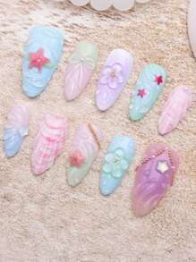 10 pezzi Set di unghie finte estive, forma a mandorla media, decorazioni 3D con fiori, fiocchi, conchiglie, punte francesi, motivi a onde marine, lucide, per le vacanze per donne e ragazze