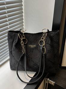 Fashionable Striped Handbag - Women's Large Capacity Shoulder Bag - Zipper Tote Bag For Daily Use - Metal Chain Strap Tote - Black - View 4