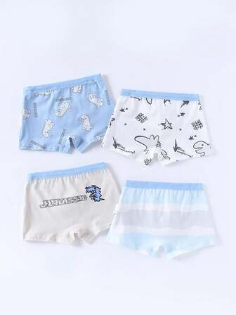 4 件装男童卡通恐龙印花平角内裤，适合所有季节