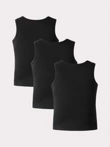 3pcs Set Of Fashionable And Versatile Solid Black Sleeveless Short Vest For Young Girls, Simple, Soft And Comfortable, Suitable For Summer Home Leisure, Outings And Holiday Parties